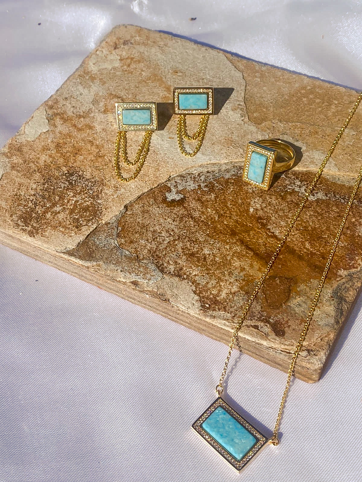 Turquoise Feldspar Necklace | 18K Gold plated | Natural Brazilian Stone | 40cm/15in